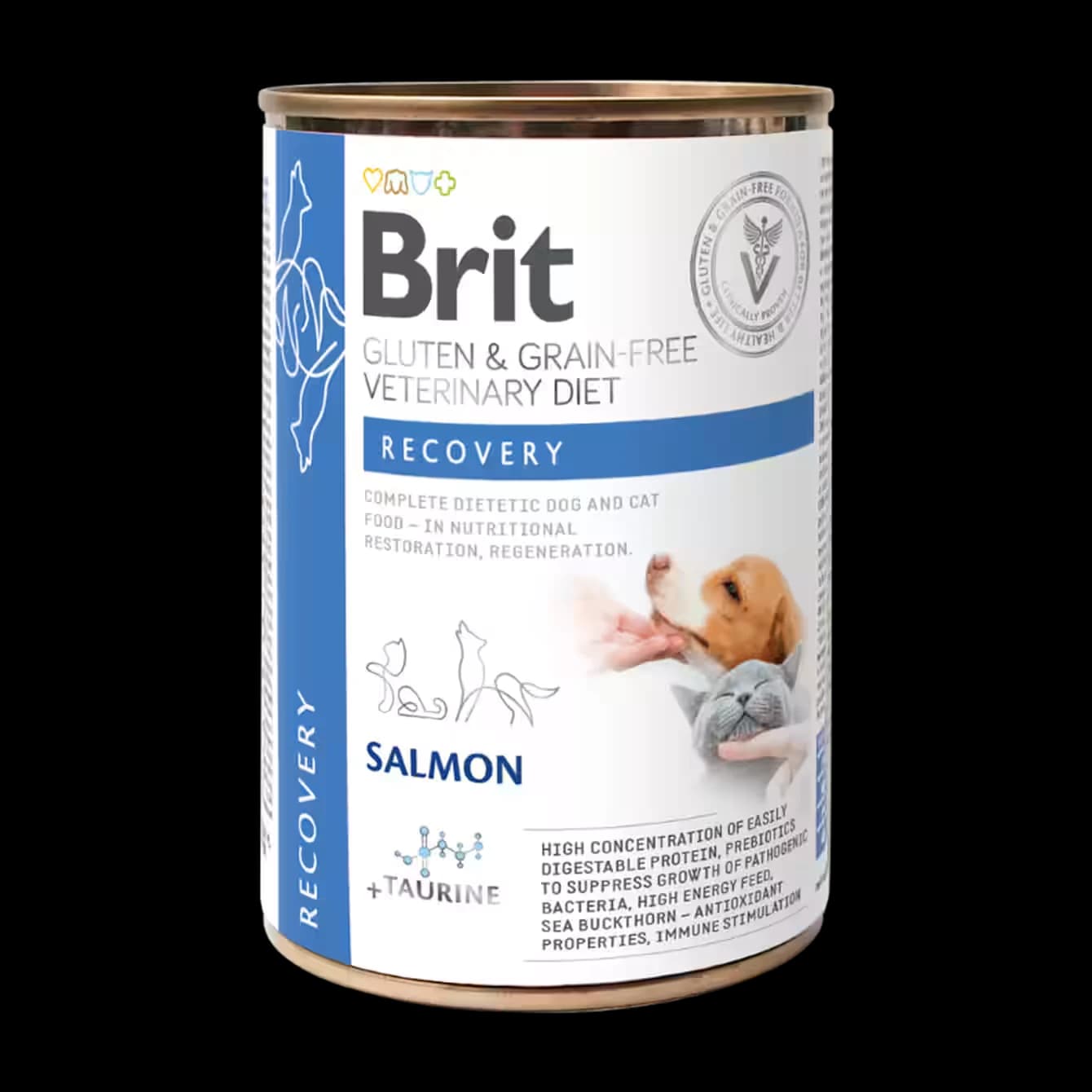 Brit GF Veterinary Diets Dog + Cat Can Recovery Полнорационный диетический корм с лососем, отличающийся высокой энергетической ценностью, повышенным содержанием незаменимых питательных веществ и высокой усвояемостью ингредиентов. Предназначен для восстановления организма в период выздоровления и после хирургических вмешательств.