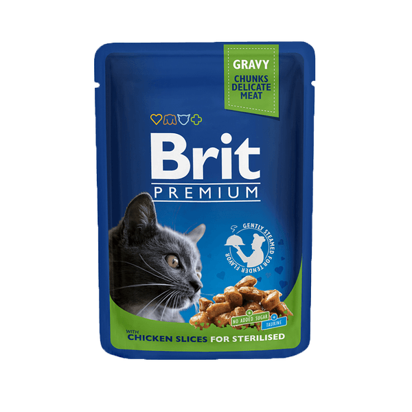 Brit Premium թաց կեր ստերջացված կատուների համար՝ հավի կտորներ սոուսի մեջ