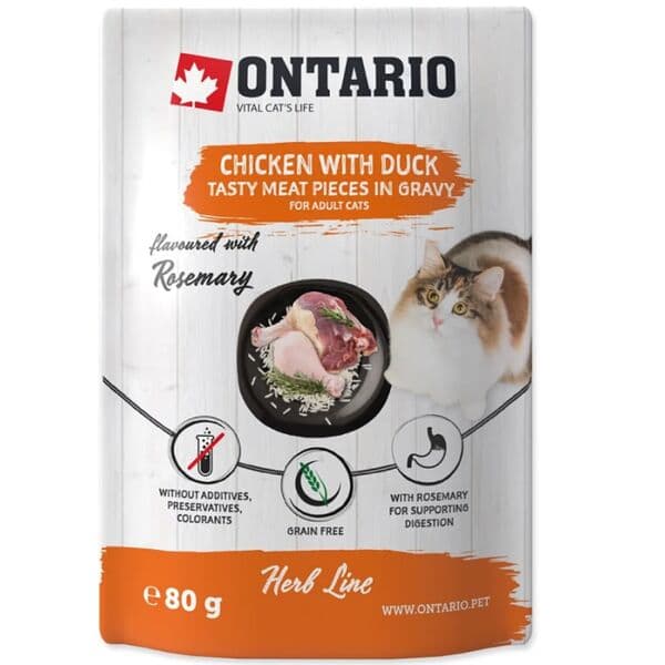 Ontario լրացուցիչ կեր կատուների համար՝ հավ և բադ սոուսի մեջ