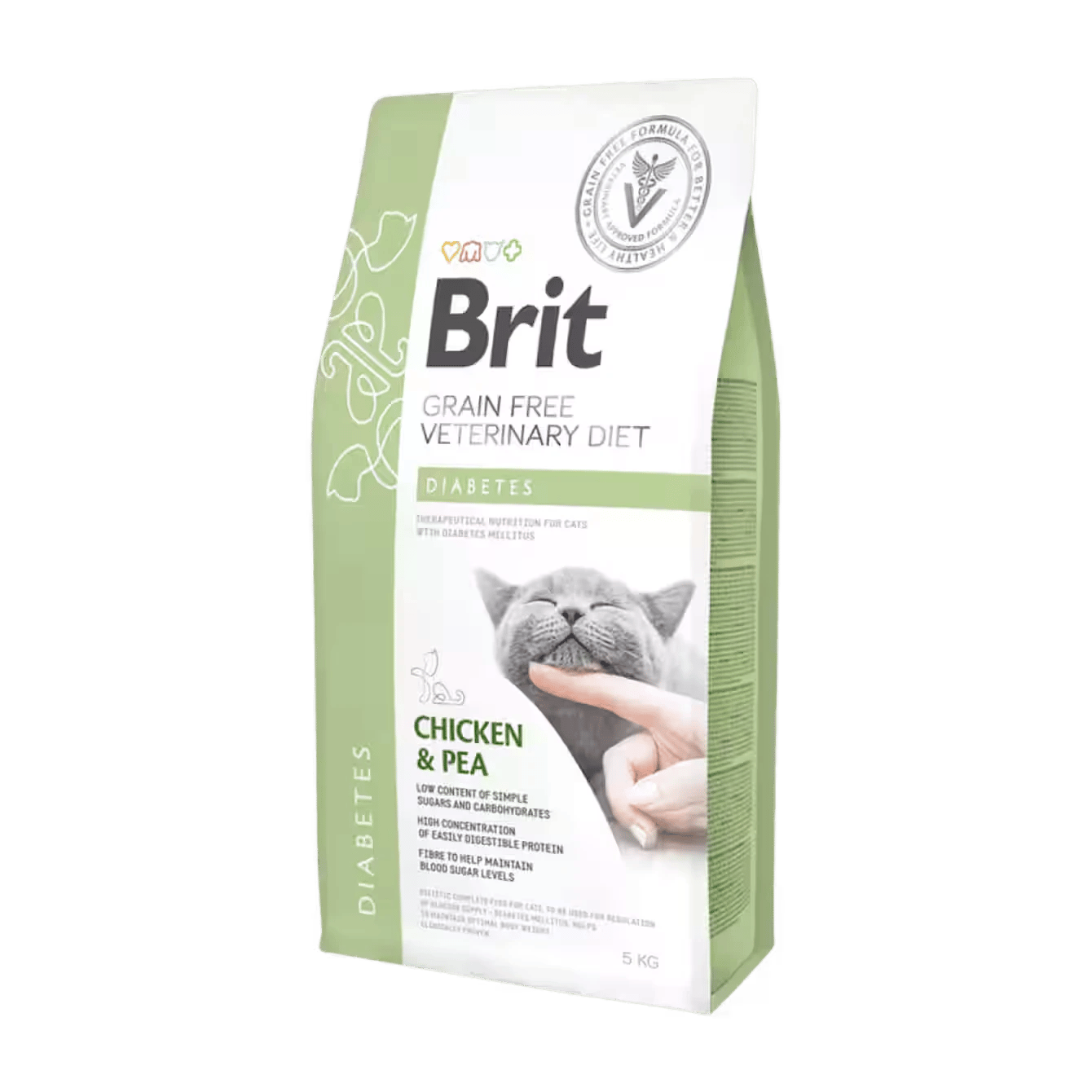 Brit GF Veterinary Diets Cat Diabetes Լիարժեք դիետիկ կեր՝ հավի մսով և ոլոռով, շաքարային դիաբետով տառապող կատուների համար՝ գլյուկոզայի մատակարարումը կարգավորելու նպատակով։