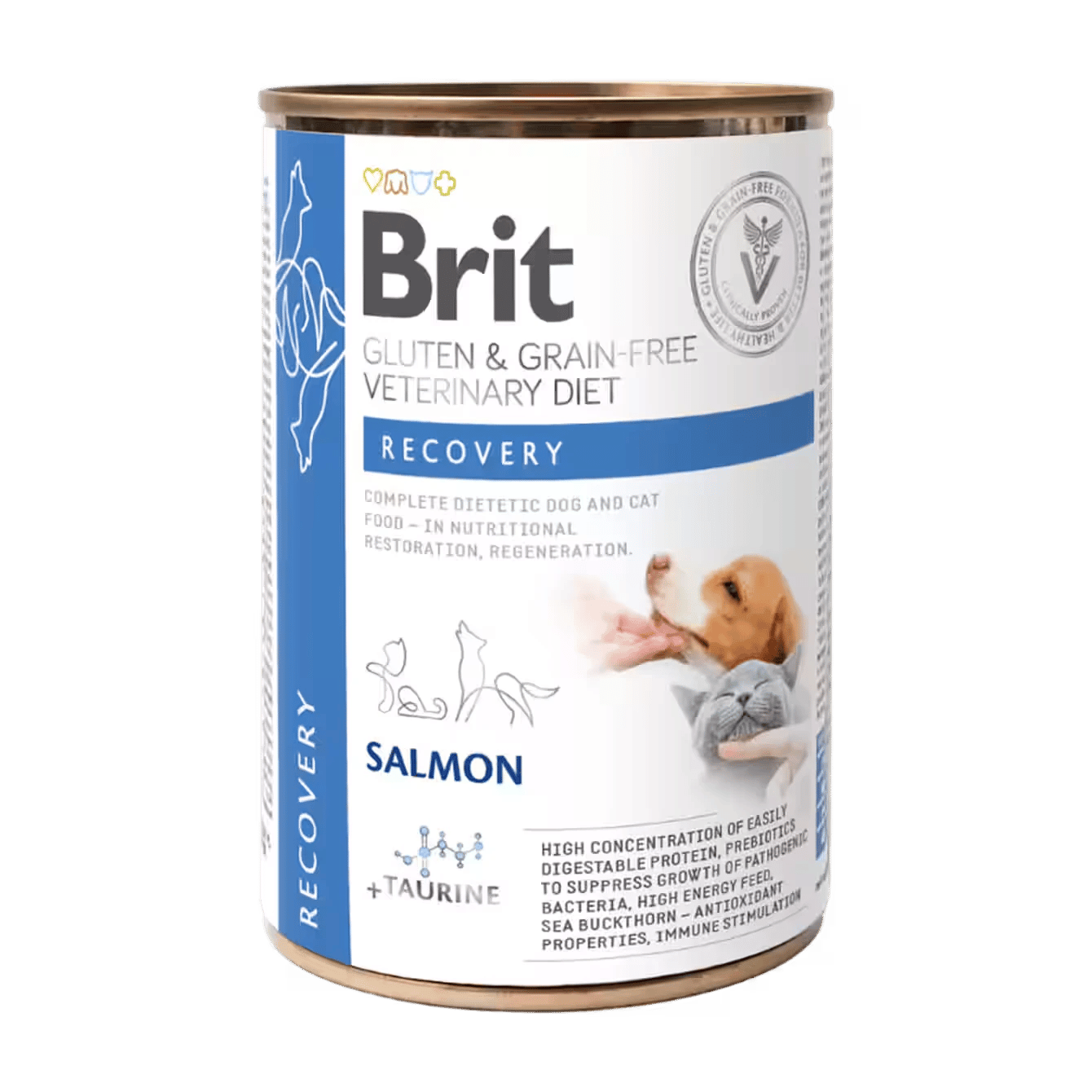 Brit GF Veterinary Diets Dog + Cat Can Recovery Լիարժեք դիետիկ կեր՝ սաղմոնով, էներգիայի բարձր խտությամբ, կենսականորեն անհրաժեշտ սննդանյութերի բարձր պարունակությամբ և բարձր յուրացվելիություն ունեցող բաղադրիչներով։ Նախատեսված է հիվանդությունից կամ վիրահատությունից հետո ապաքինման շրջանում սննդային վերականգնման համար։
