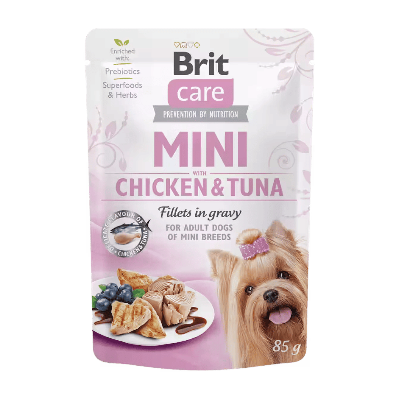 Brit Care Mini Chicken&Tuna fillets in gravy Complete super premium wet food with chicken and tuna fillets in gravy for adult dogs of miniature and small breeds (up to 10 kg).