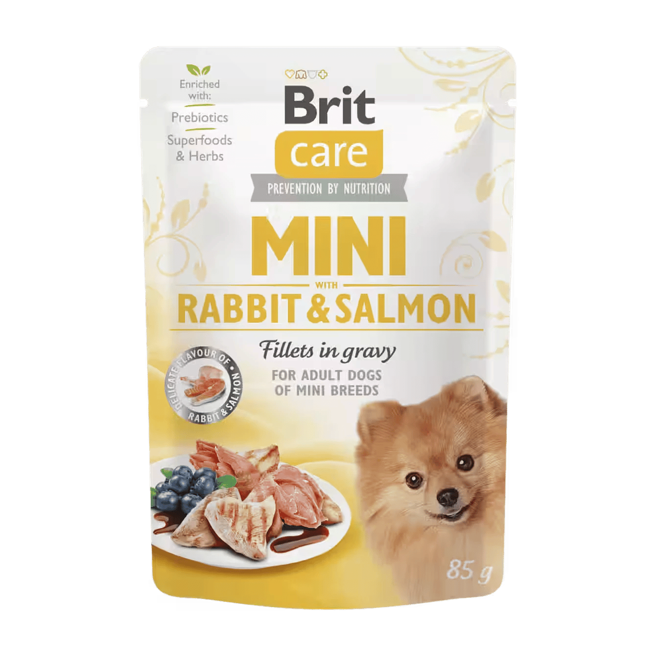 Brit Care Mini Rabbit&Salmon fillets in gravy Complete super premium wet food with rabbit and salmon fillets in delicious gravy for adult dogs of miniature and small breeds (up to 10 kg).