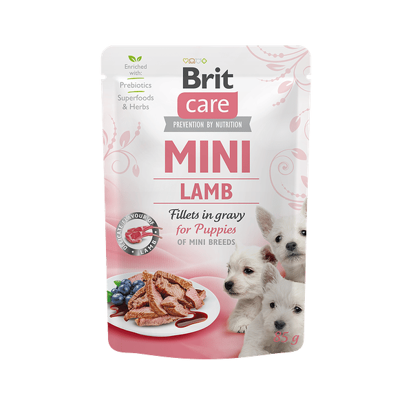 Brit Care wet food for mini breed puppies, lamb fillets in gravy
