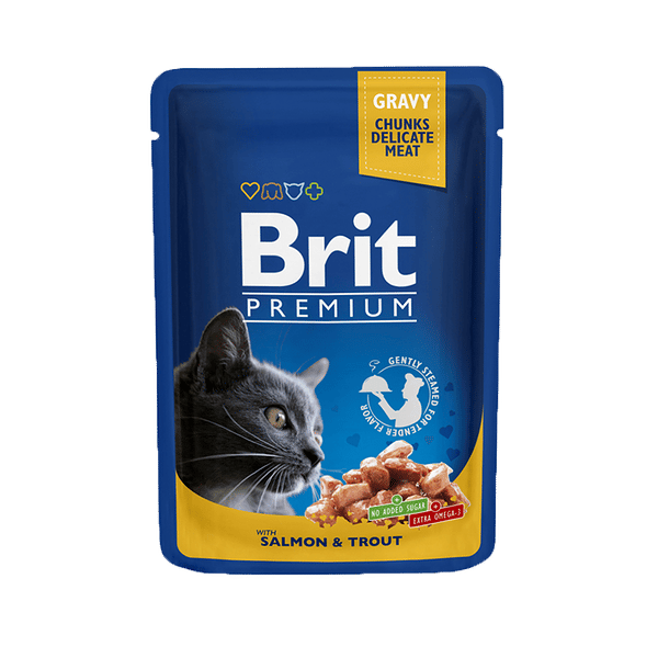 Brit Premium wet food for adult cats, salmon & trout in gravy