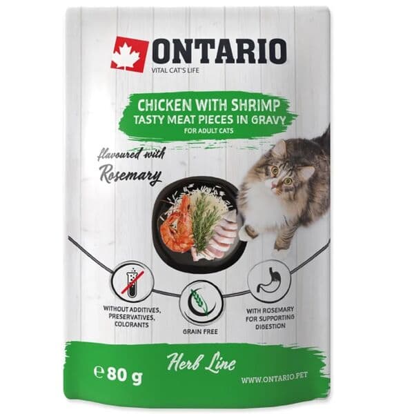 Ontario լրացուցիչ կեր կատուների համար՝ հավ և ծովախեցգետին սոուսի մեջ