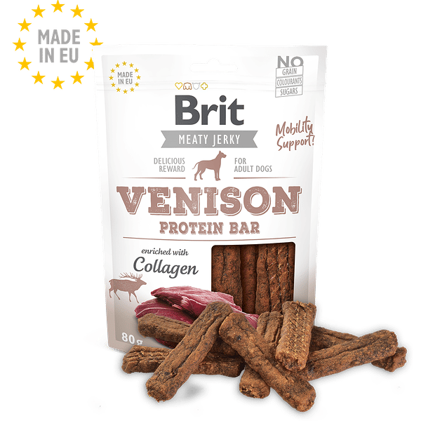 Brit Meaty Jerky protein bars for adult dogs, venison & chicken