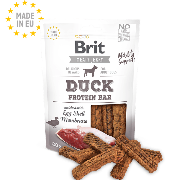 Brit Meaty Jerky protein bars for adult dogs, duck & chicken