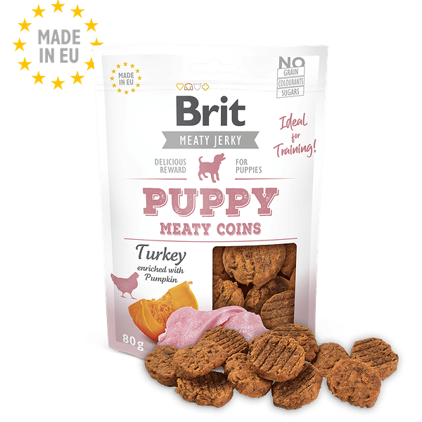 Brit Meaty Jerky dried meat coins for puppies, turkey & chicken