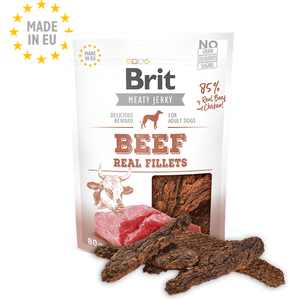 Brit Meaty Jerky dried meat fillets for adult dogs, beef & chicken