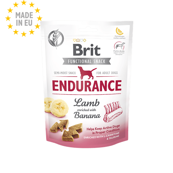 Brit Care Functional Snack Endurance semi-moist treats for active adult dogs, lamb & banana